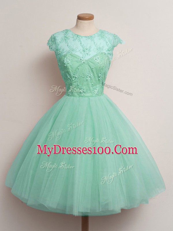 Top Selling Apple Green Ball Gowns Scoop Cap Sleeves Tulle Knee Length Lace Up Lace Damas Dress