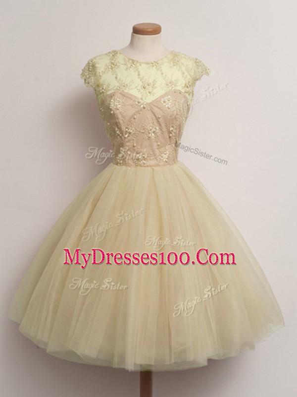 Glamorous Scoop Cap Sleeves Tulle Wedding Party Dress Lace Lace Up