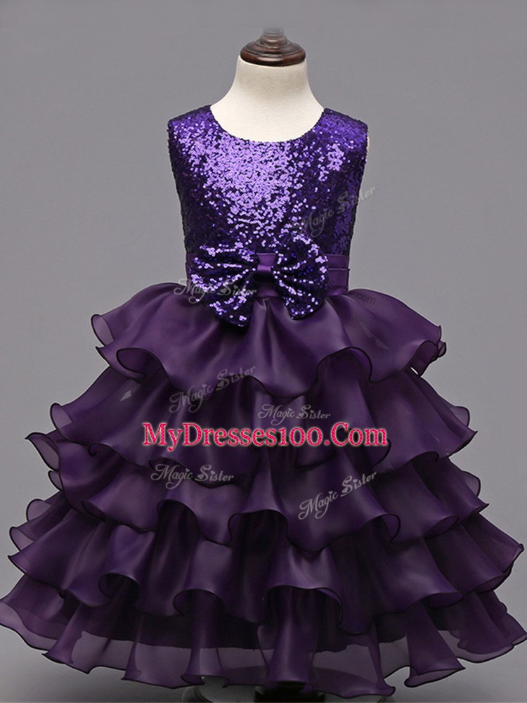 Dramatic Tea Length Dark Purple Little Girl Pageant Gowns Scoop Sleeveless Zipper