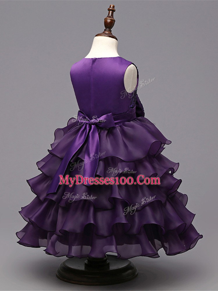 Dramatic Tea Length Dark Purple Little Girl Pageant Gowns Scoop Sleeveless Zipper