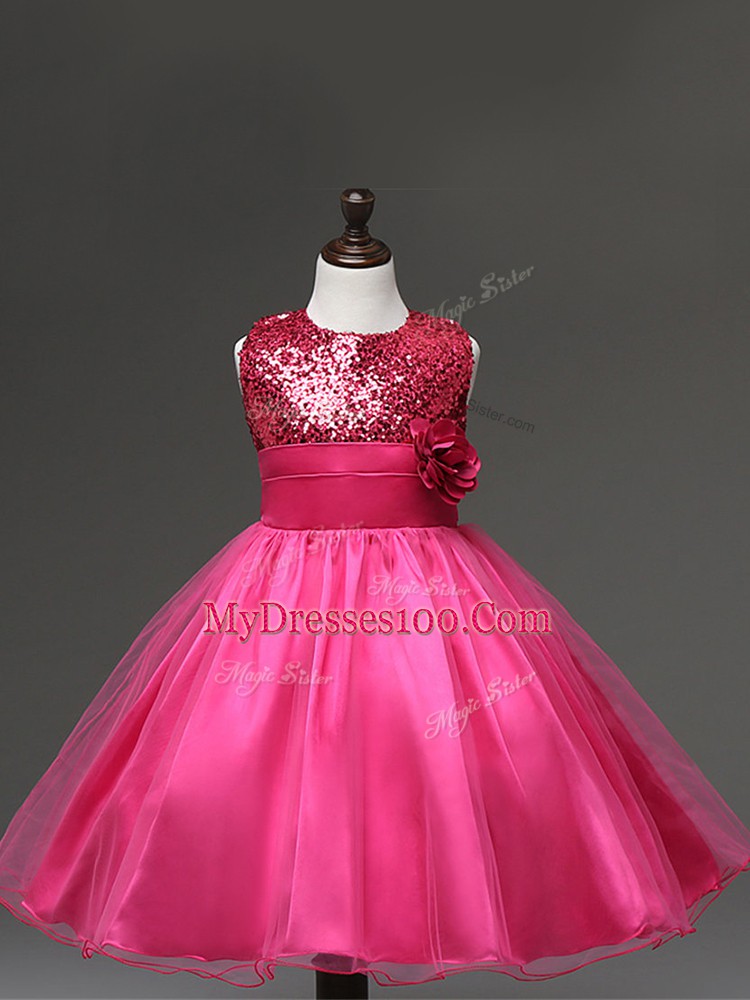 Fancy Hot Pink Kids Pageant Dress Wedding Party with Sequins and Hand Made Flower Scoop Sleeveless Zipper