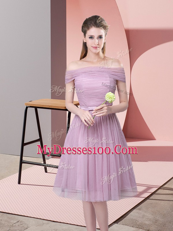 Flirting Lavender Sleeveless Knee Length Ruching and Belt Side Zipper Quinceanera Court of Honor Dress