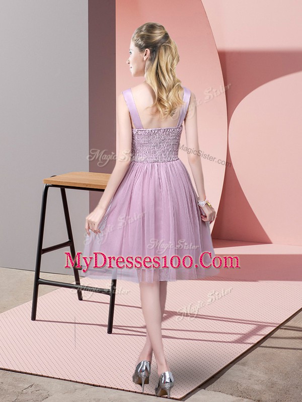 Flirting Lavender Sleeveless Knee Length Ruching and Belt Side Zipper Quinceanera Court of Honor Dress
