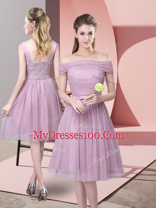 Flirting Lavender Sleeveless Knee Length Ruching and Belt Side Zipper Quinceanera Court of Honor Dress