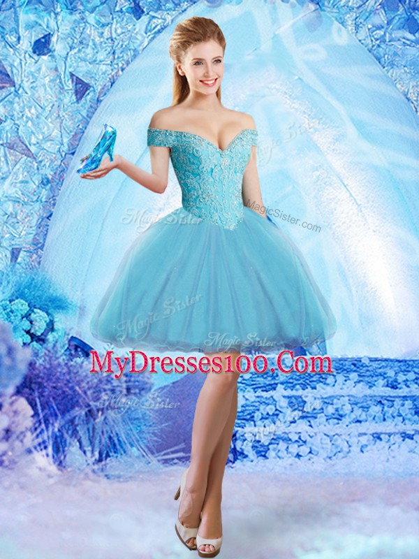 Glamorous Sleeveless Mini Length Lace and Appliques Lace Up with Aqua Blue