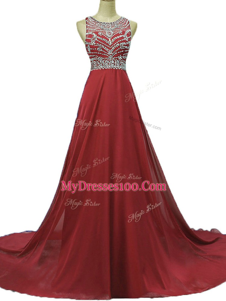 Burgundy Column/Sheath Scoop Sleeveless Chiffon Brush Train Backless Beading Prom Evening Gown