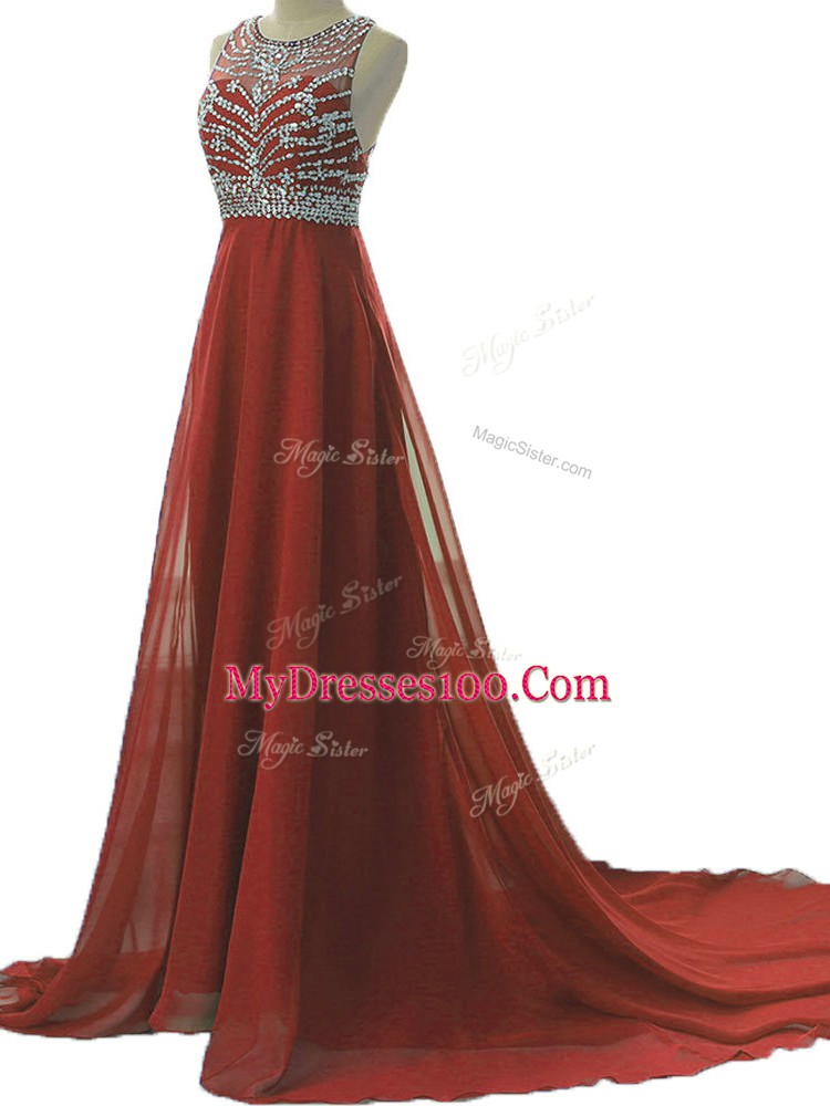 Burgundy Column/Sheath Scoop Sleeveless Chiffon Brush Train Backless Beading Prom Evening Gown