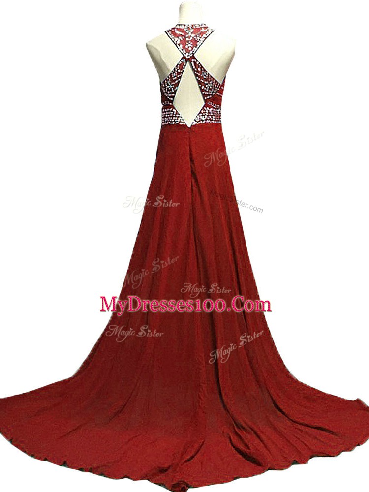 Burgundy Column/Sheath Scoop Sleeveless Chiffon Brush Train Backless Beading Prom Evening Gown