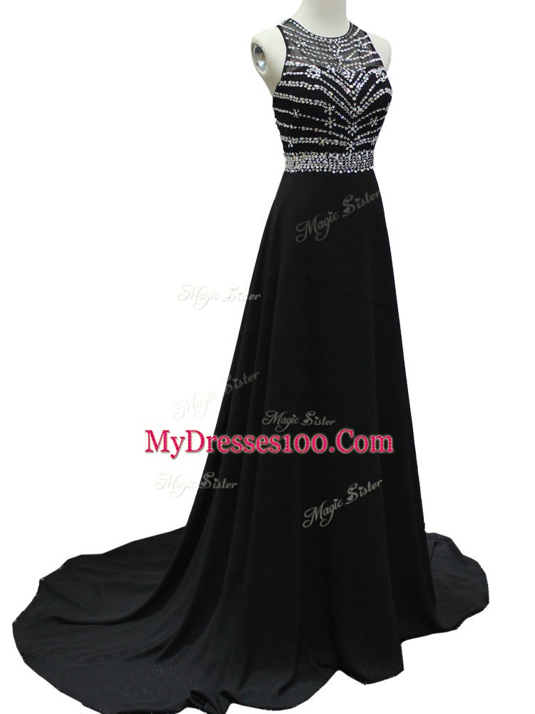 Burgundy Column/Sheath Scoop Sleeveless Chiffon Brush Train Backless Beading Prom Evening Gown