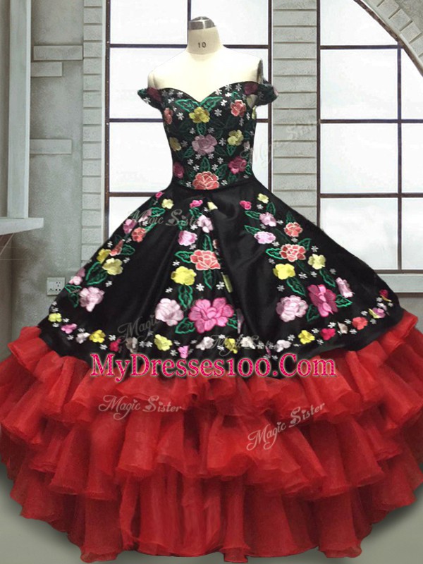 Excellent Floor Length Red And Black Quinceanera Gowns Organza and Taffeta Sleeveless Embroidery and Ruffled Layers