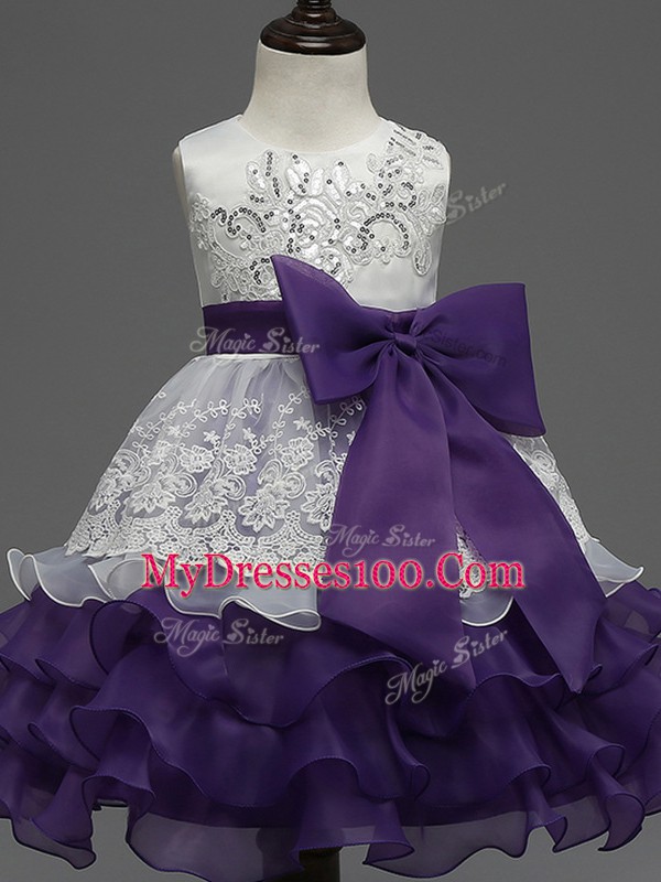 White And Purple Ball Gowns Lace and Ruffled Layers and Bowknot Kids Pageant Dress Zipper Organza Sleeveless Tea Length