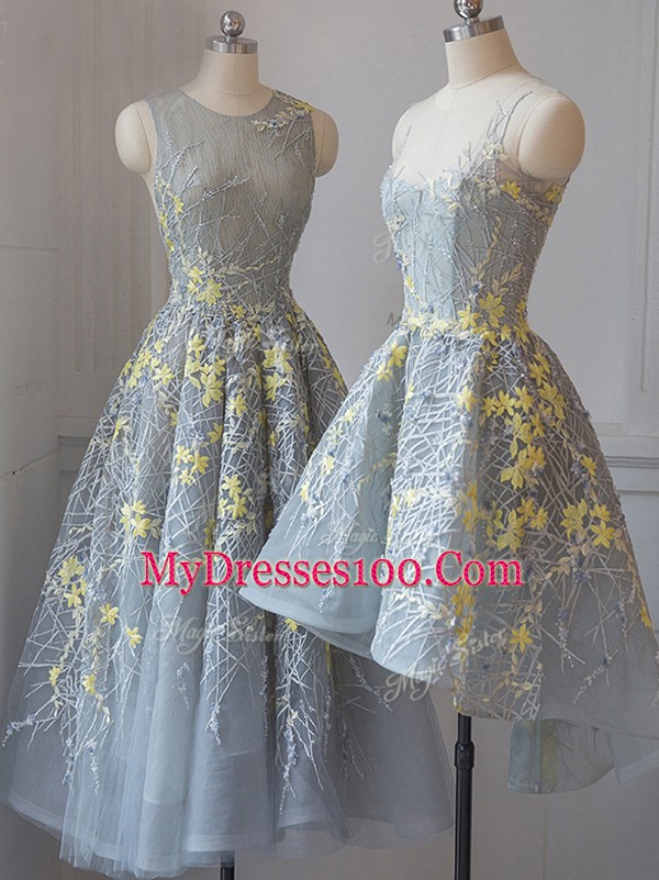 Sleeveless Tulle Tea Length Criss Cross Court Dresses for Sweet 16 in Grey with Lace