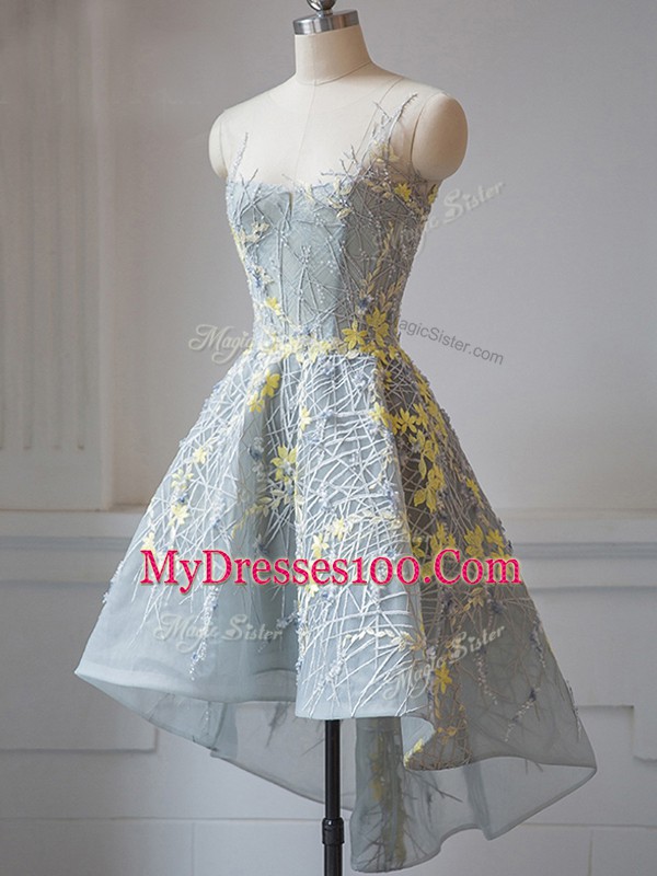 Sleeveless Tulle Tea Length Criss Cross Court Dresses for Sweet 16 in Grey with Lace