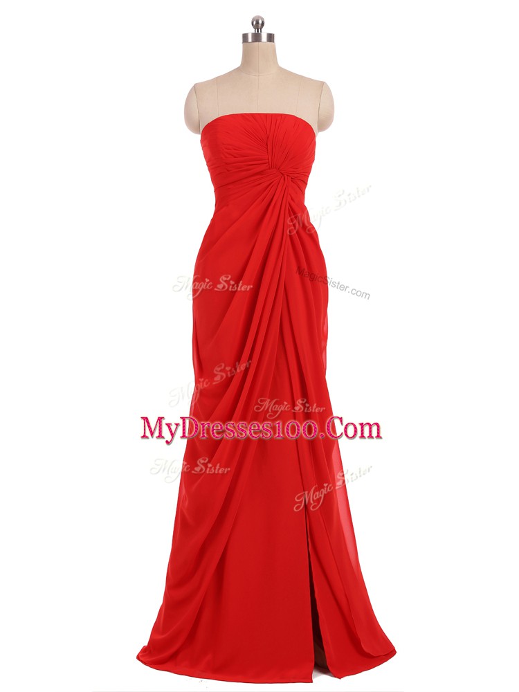 Beauteous Red Column/Sheath Strapless Sleeveless Chiffon Floor Length Zipper Ruching Wedding Party Dress