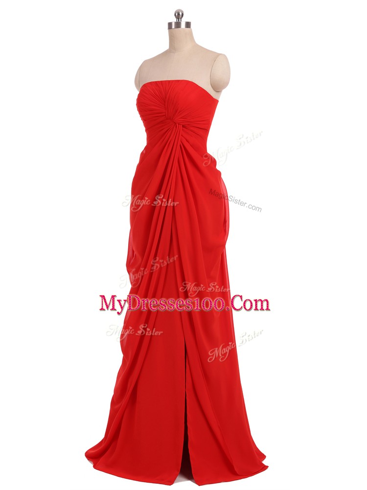 Beauteous Red Column/Sheath Strapless Sleeveless Chiffon Floor Length Zipper Ruching Wedding Party Dress