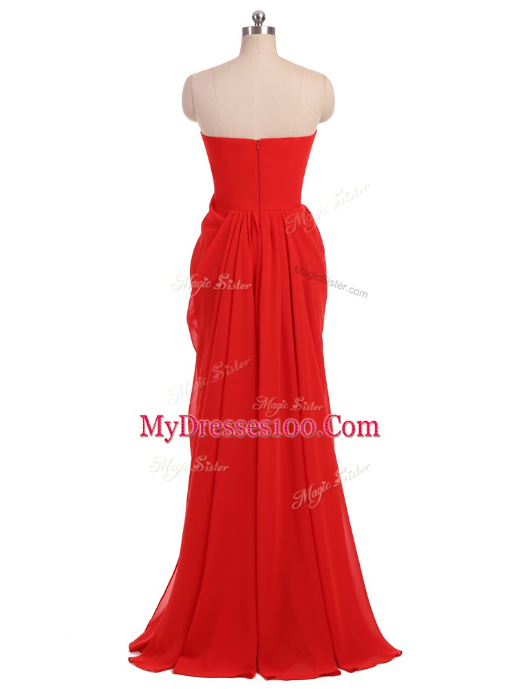 Beauteous Red Column/Sheath Strapless Sleeveless Chiffon Floor Length Zipper Ruching Wedding Party Dress