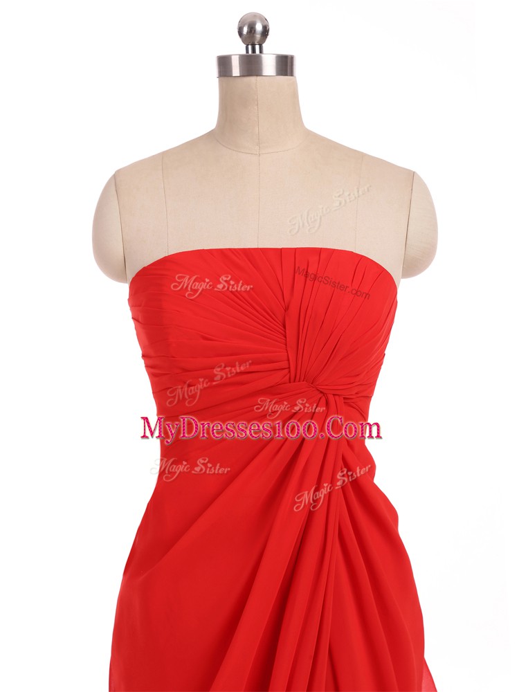 Beauteous Red Column/Sheath Strapless Sleeveless Chiffon Floor Length Zipper Ruching Wedding Party Dress