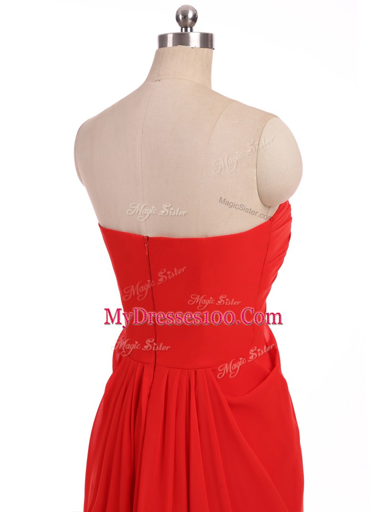Beauteous Red Column/Sheath Strapless Sleeveless Chiffon Floor Length Zipper Ruching Wedding Party Dress