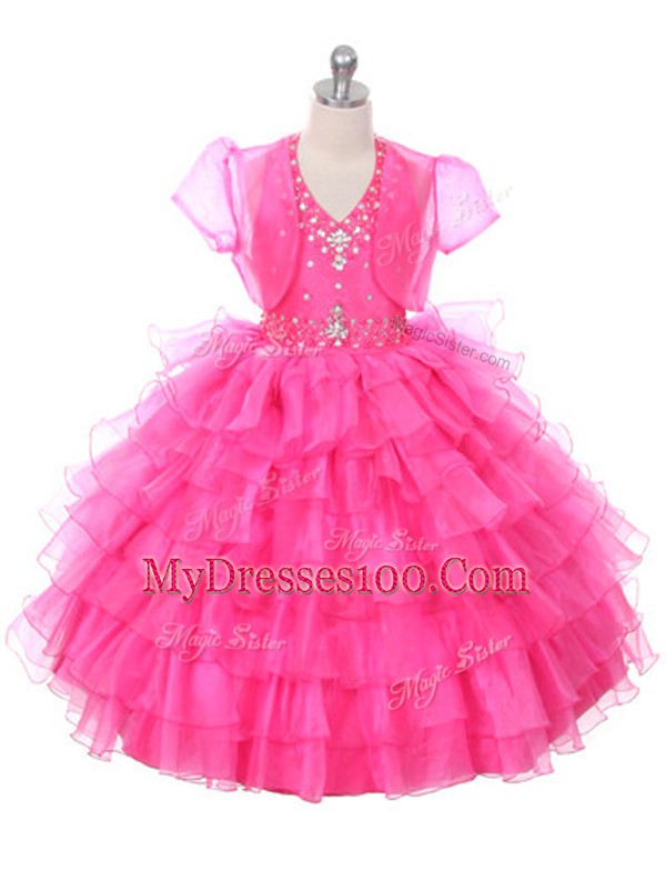 Customized Hot Pink Ball Gowns Halter Top Sleeveless Organza Floor Length Lace Up Beading and Ruffled Layers Little Girls Pageant Dress Wholesale