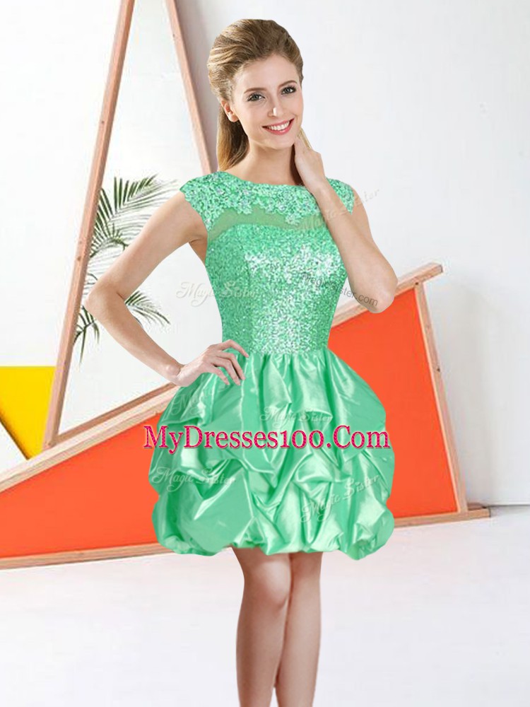 Bateau Sleeveless Dama Dress Knee Length Beading and Lace and Ruffles Apple Green Taffeta