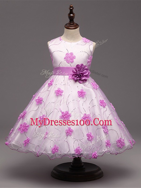 White Zipper Flower Girl Dresses Appliques Sleeveless Knee Length
