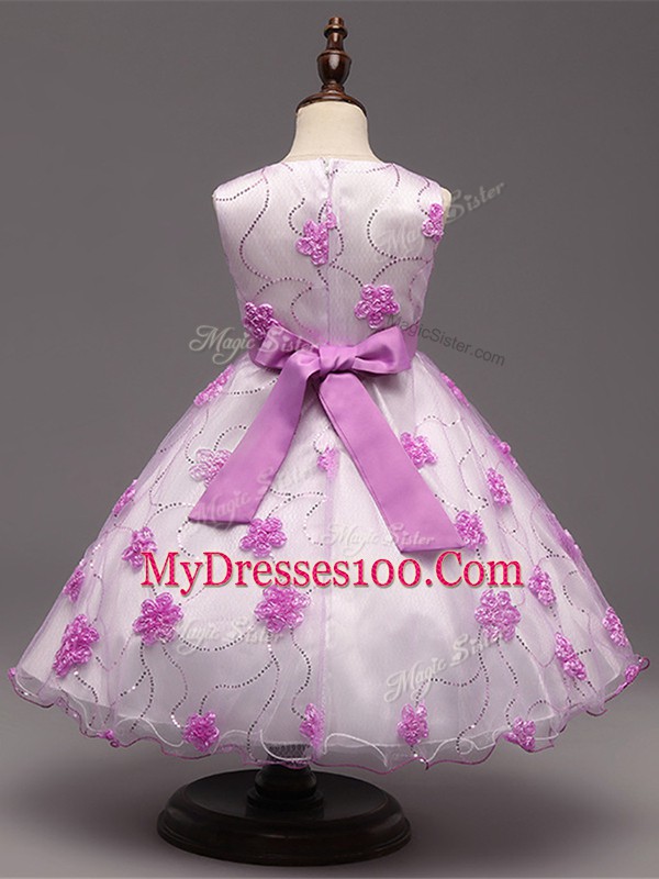White Zipper Flower Girl Dresses Appliques Sleeveless Knee Length
