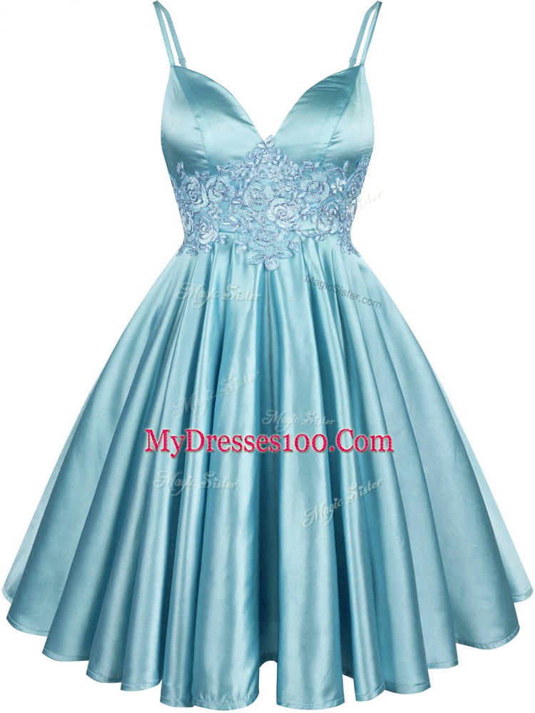 Aqua Blue Sleeveless Lace Knee Length Bridesmaids Dress