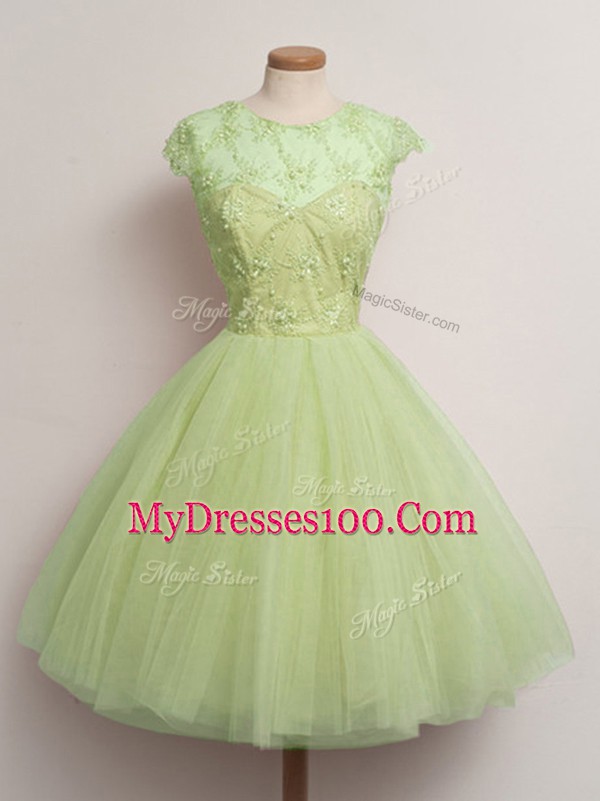 Noble Scoop Cap Sleeves Wedding Party Dress Knee Length Lace Yellow Green Tulle