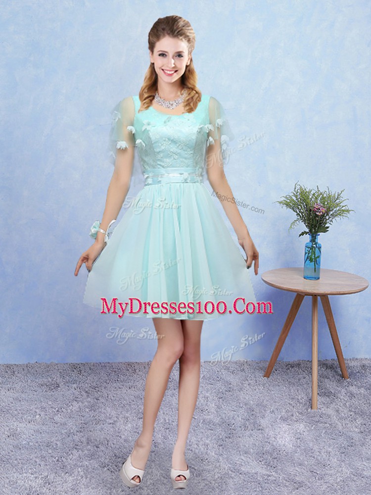 Exceptional Aqua Blue Sleeveless Appliques Mini Length Wedding Party Dress