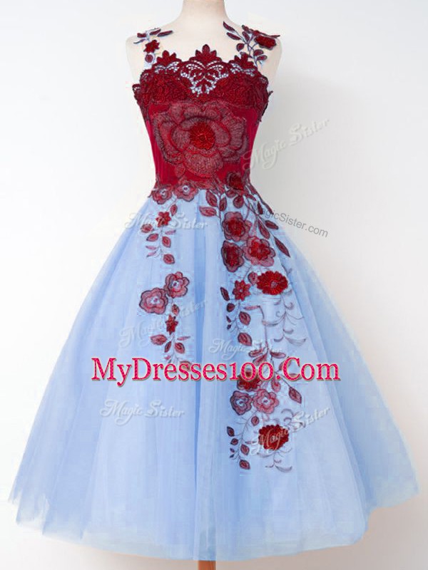 Latest Blue Tulle Lace Up Dama Dress Sleeveless Knee Length Appliques