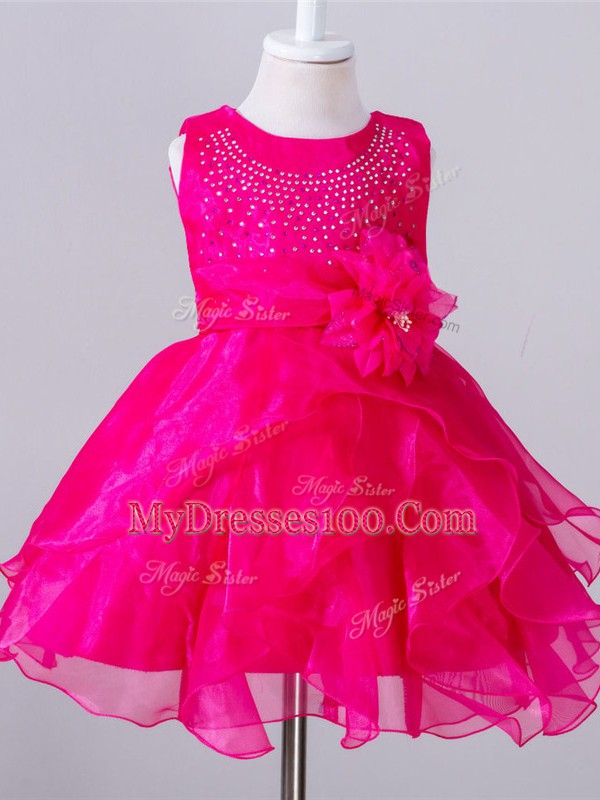 Admirable Hot Pink Ball Gowns Organza Scoop Sleeveless Beading and Hand Made Flower Knee Length Zipper Flower Girl Dress