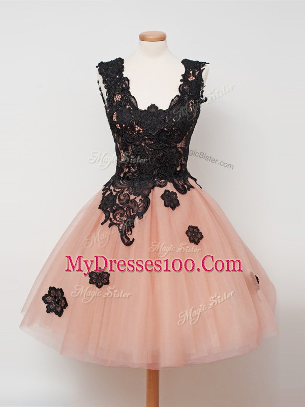 Peach Ball Gowns Straps Sleeveless Tulle Knee Length Zipper Lace Court Dresses for Sweet 16