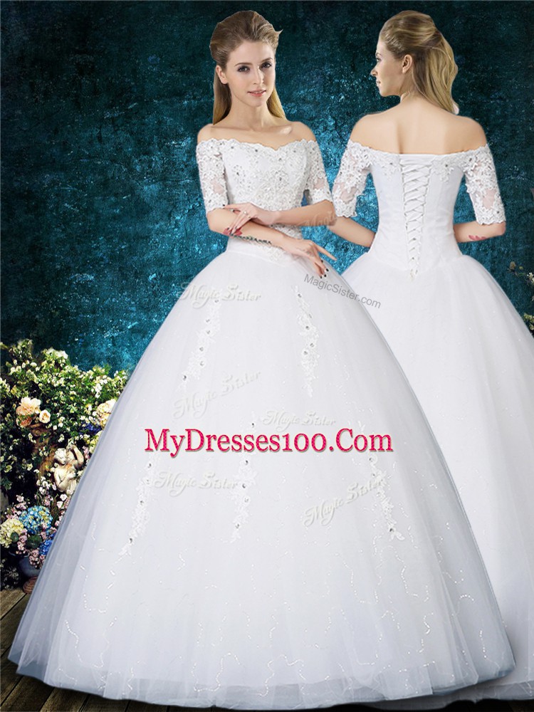 Edgy White Ball Gowns Off The Shoulder Half Sleeves Tulle Floor Length Lace Up Beading and Appliques and Embroidery Wedding Gown
