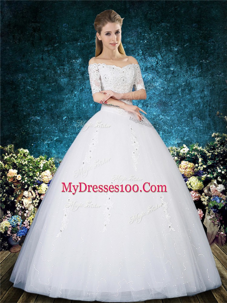 Edgy White Ball Gowns Off The Shoulder Half Sleeves Tulle Floor Length Lace Up Beading and Appliques and Embroidery Wedding Gown