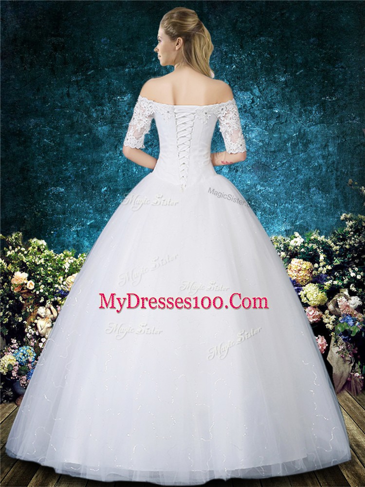 Edgy White Ball Gowns Off The Shoulder Half Sleeves Tulle Floor Length Lace Up Beading and Appliques and Embroidery Wedding Gown
