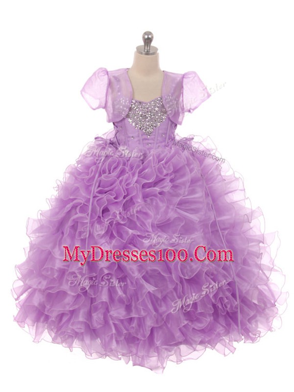 Floor Length Lace Up Little Girls Pageant Gowns Eggplant Purple for Wedding Party with Beading and Ruffles