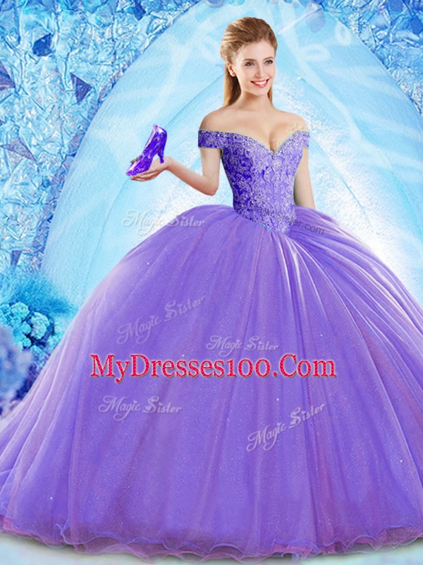 Sumptuous Lavender Organza Lace Up Quinceanera Gowns Sleeveless Brush Train Beading