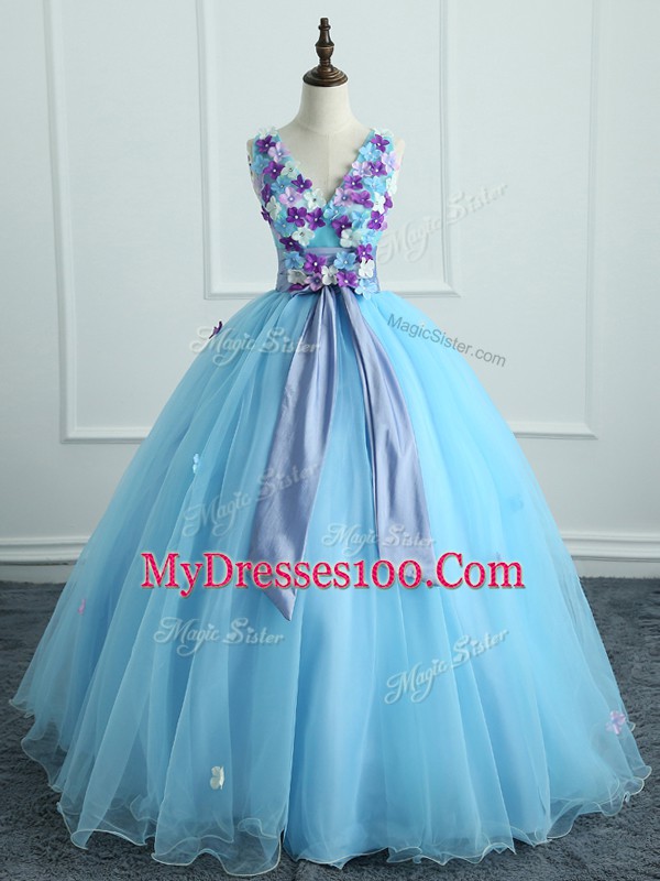 Appliques and Belt Vestidos de Quinceanera Light Blue Lace Up Sleeveless Floor Length