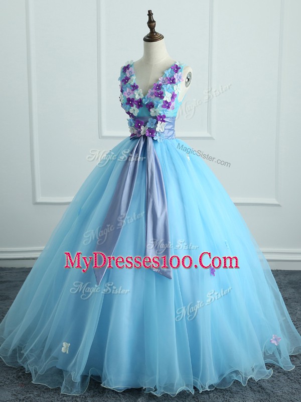 Appliques and Belt Vestidos de Quinceanera Light Blue Lace Up Sleeveless Floor Length