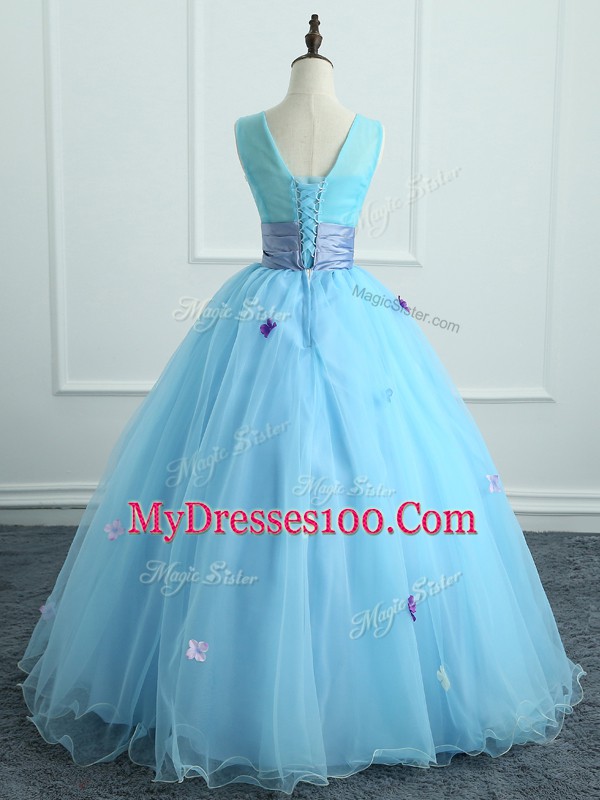 Appliques and Belt Vestidos de Quinceanera Light Blue Lace Up Sleeveless Floor Length