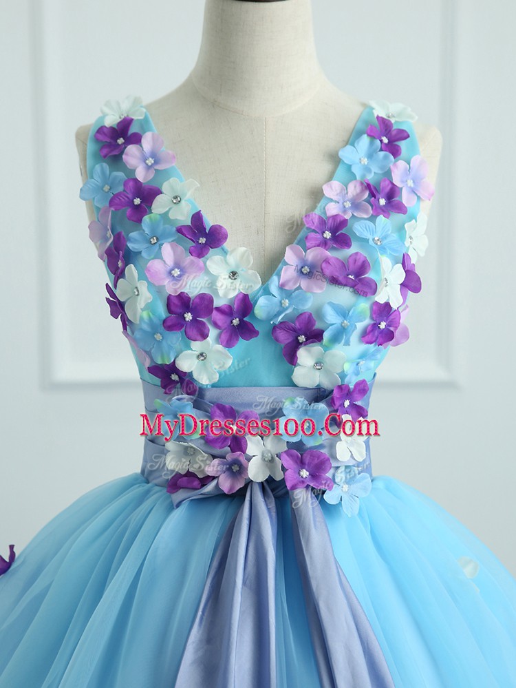 Appliques and Belt Vestidos de Quinceanera Light Blue Lace Up Sleeveless Floor Length