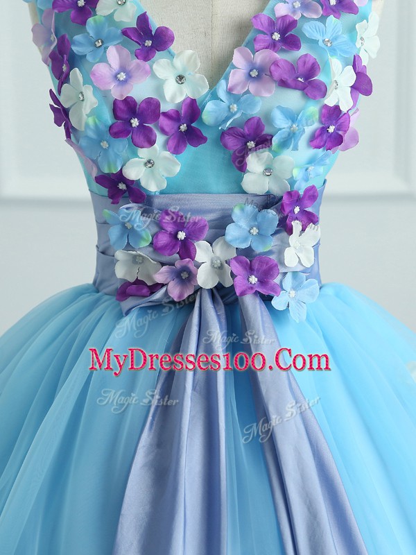 Appliques and Belt Vestidos de Quinceanera Light Blue Lace Up Sleeveless Floor Length