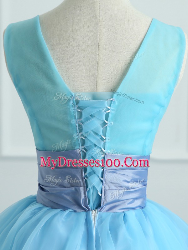 Appliques and Belt Vestidos de Quinceanera Light Blue Lace Up Sleeveless Floor Length