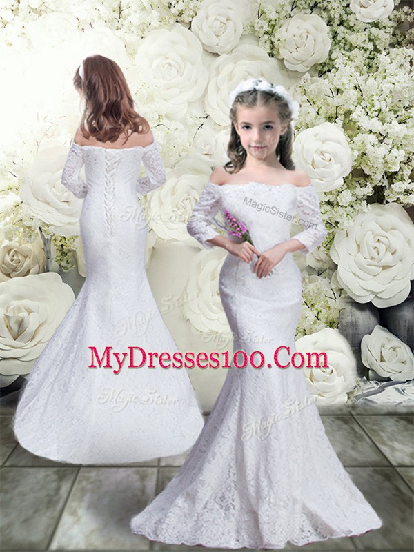White Mermaid Lace Flower Girl Dress Lace Up Lace 3 4 Length Sleeve Floor Length