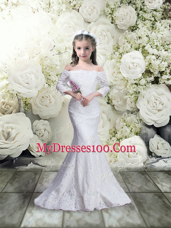 White Mermaid Lace Flower Girl Dress Lace Up Lace 3 4 Length Sleeve Floor Length