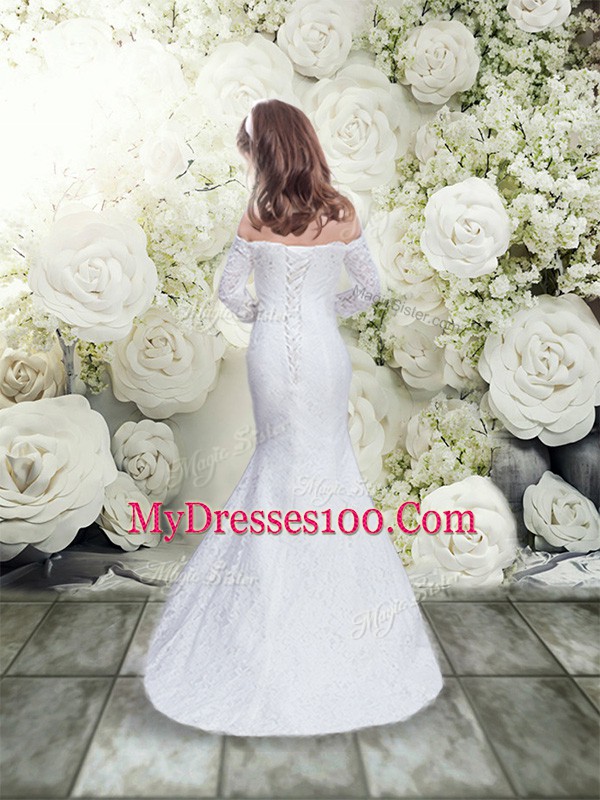 White Mermaid Lace Flower Girl Dress Lace Up Lace 3 4 Length Sleeve Floor Length