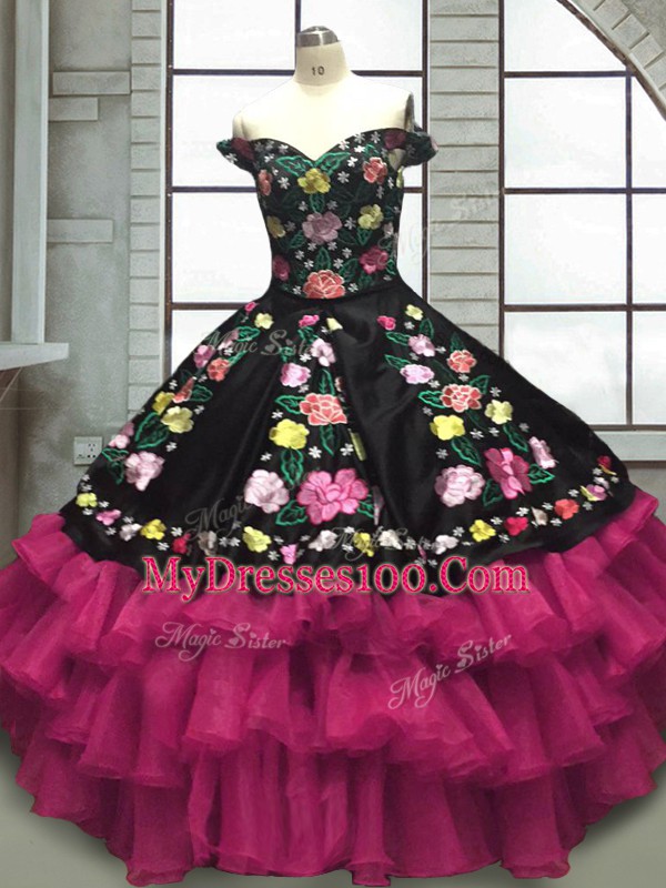 Customized Multi-color Off The Shoulder Lace Up Embroidery and Ruffled Layers Ball Gown Prom Dress Sleeveless