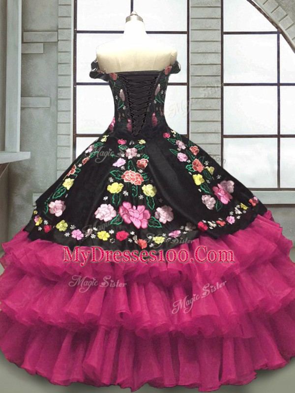 Customized Multi-color Off The Shoulder Lace Up Embroidery and Ruffled Layers Ball Gown Prom Dress Sleeveless