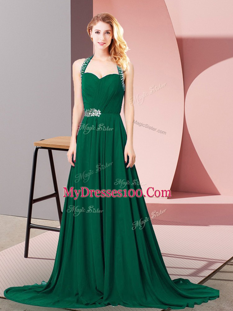 Delicate Dark Green Halter Top Neckline Beading and Ruching Prom Dress Sleeveless Zipper