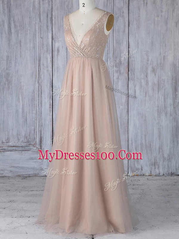 Modern Peach Tulle Zipper V-neck Sleeveless Floor Length Quinceanera Court of Honor Dress Lace